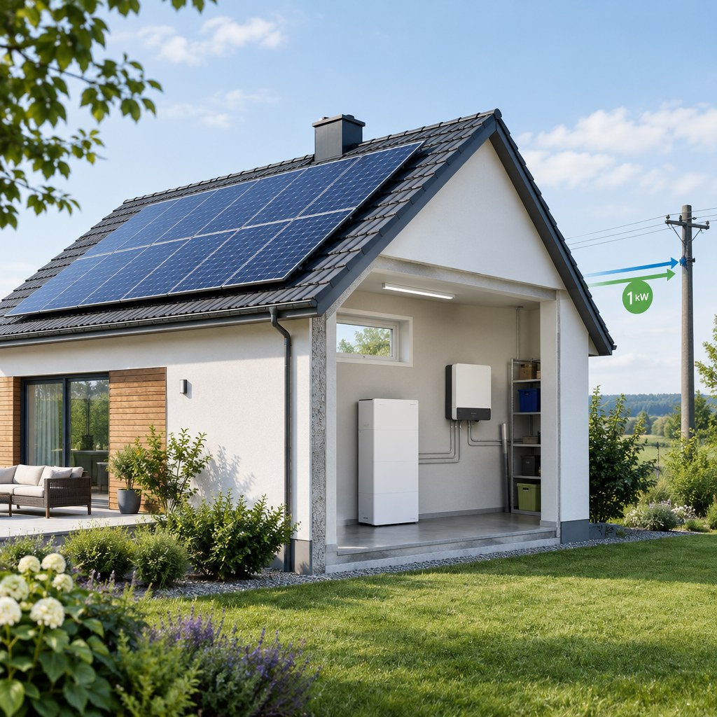 Namo su saulės elektrine ir elektros energijos kaupikliu iliustracija