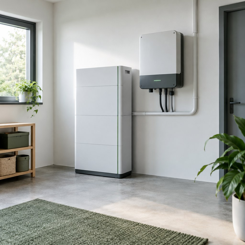 Namų elektros energijos kaupiklio ir inverterio iliustracija